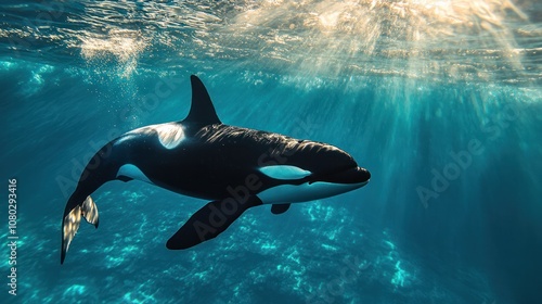 an orca whale swimming just beneath the surface, with its sleek body partially visible, showcasing its powerful muscles and the photo