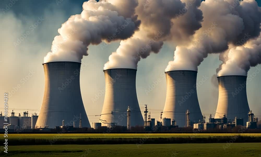 Four industrial cooling towers emit plumes of steam into the air. Four industrial cooling towers emit plumes of steam into the air.
