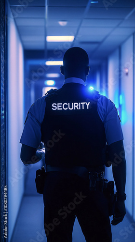 Security guard patrolling building at night to ensure safety and protection