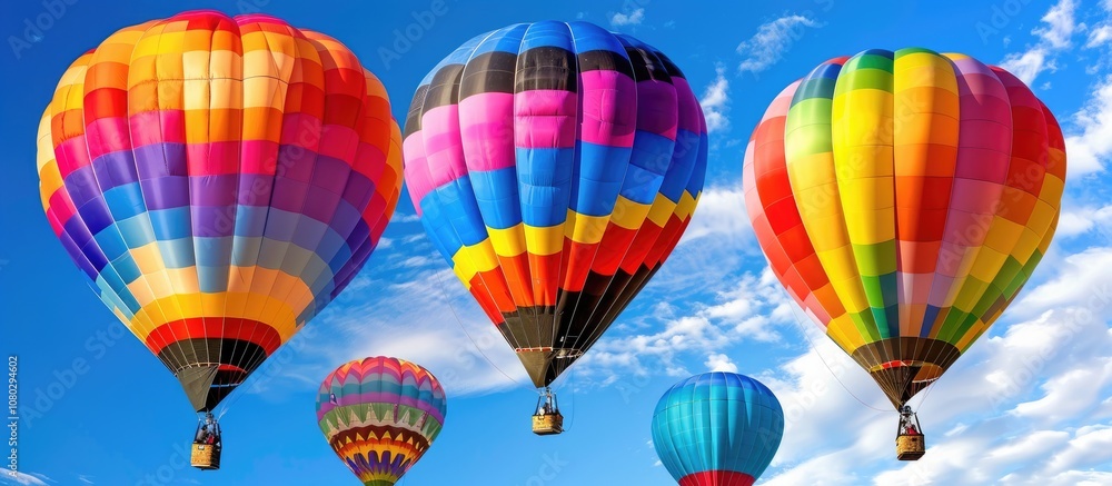 Obraz premium Colorful Hot Air Balloons Soaring Through a Blue Sky