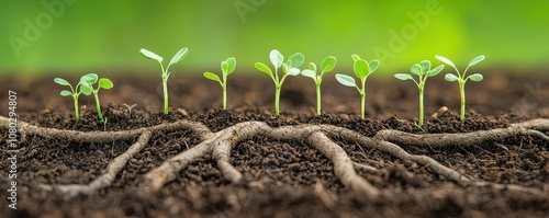 Young plants growing from rich soil with roots visible, nature's renewal. photo