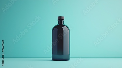 A sleek black bottle sits on a turquoise surface, creating a minimalistic aesthetic perfect for modern product photography