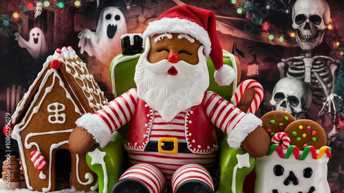 A decadent and festive  illustration of a horror Christmas-themed gingerbread drunk Santa