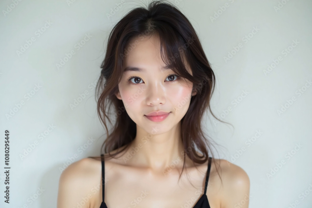Young East Asian woman, serene expression, black top Young East Asian woman, serene expression, black top