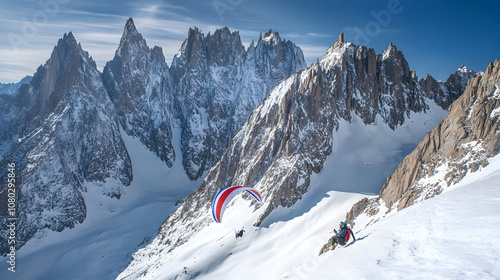 A paraglider preparing for takeoff from a high alpine ridge surrounded by jagged snow-covered peaks. photo