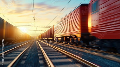 Moving freight trains on railway tracks during sunset.