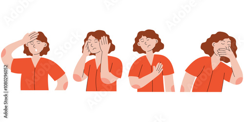 Set of unhealthy woman suffer from nausea, vomit, headache and heart attack. Symptoms of a viral disease. Healthcare and medicine. 