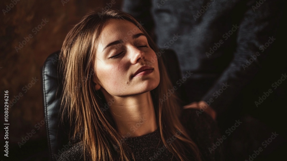 Relaxation session in a cozy setting with a young woman enjoying a tranquil moment in a chair during the evening hours Relaxation session in a cozy setting with a young woman enjoying a tranquil moment in a chair during the evening hours