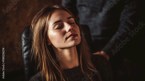 Relaxation session in a cozy setting with a young woman enjoying a tranquil moment in a chair during the evening hours