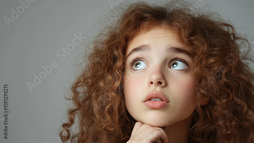 Wallpaper Mural Curly-haired child making a playful expression with wide eyes and puckered lips, creating a sense of curiosity, innocence, and fun. Torontodigital.ca