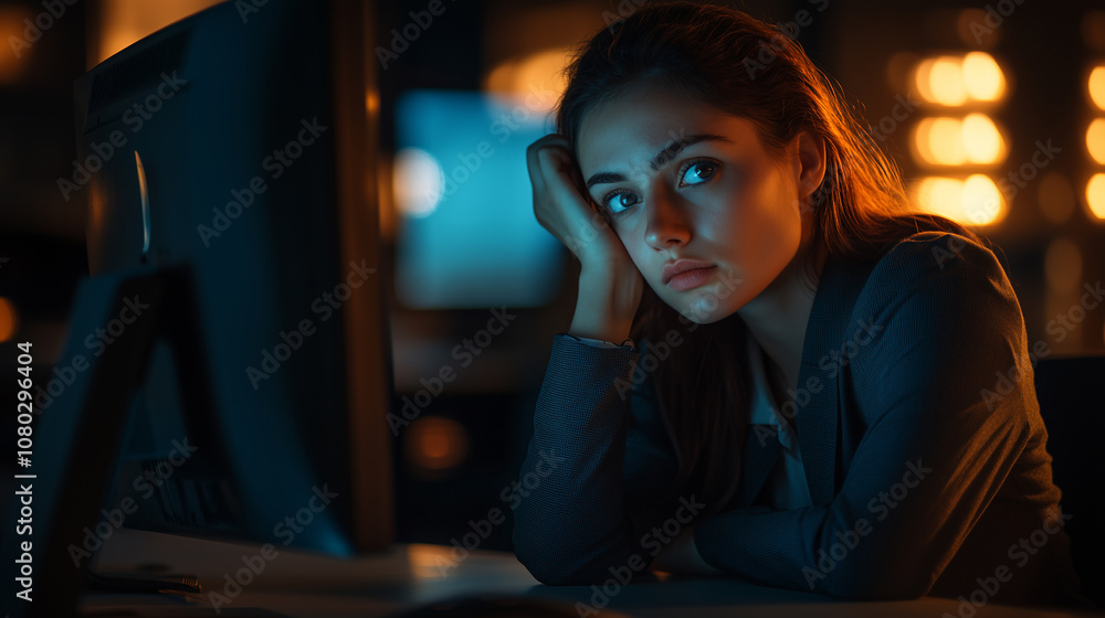 Thoughtful woman working late at a computer, surrounded by soft, warm lighting, evoking focus, contemplation, and a quiet, evening work environment. Thoughtful woman working late at a computer, surrounded by soft, warm lighting, evoking focus, contemplation, and a quiet, evening work environment.