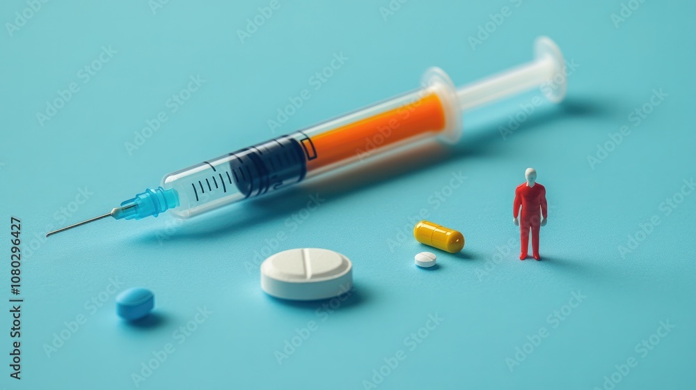A detailed macro shot capturing a syringe, a small human figure, an oral medicine tablet, and a thermometer, A detailed macro shot capturing a syringe, a small human figure, an oral medicine tablet, and a thermometer,