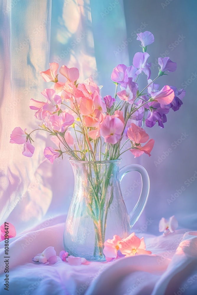 A beautiful arrangement of pink and purple flowers in a clear glass vase A beautiful arrangement of pink and purple flowers in a clear glass vase