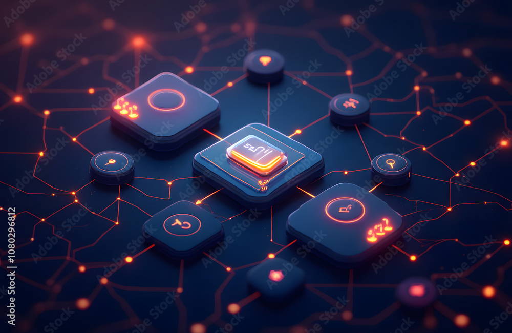 Futuristic blockchain network, interconnected blocks glowing in neon blue and green, dark background with a grid pattern Futuristic blockchain network, interconnected blocks glowing in neon blue and green, dark background with a grid pattern