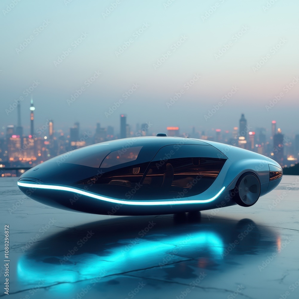 Sleek Capsule-Shaped Hover Car in a Futuristic City Sleek Capsule-Shaped Hover Car in a Futuristic City