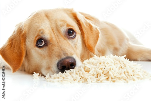 A brown dog relaxing on a pile of white rice, great for food or pet related content photo