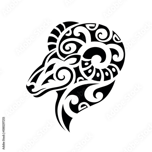 Zodiac sign Aries in maori tattoo style. Astrology emblem