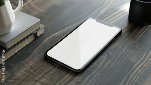 modern smartphone on wooden desk, surrounded by books and cup. sleek design and blank screen suggest minimalist workspace