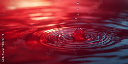 Water Drop Splashing in Red Liquid with Ripples photo