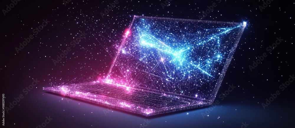 A glowing laptop made of connected dots and lines. A glowing laptop made of connected dots and lines.