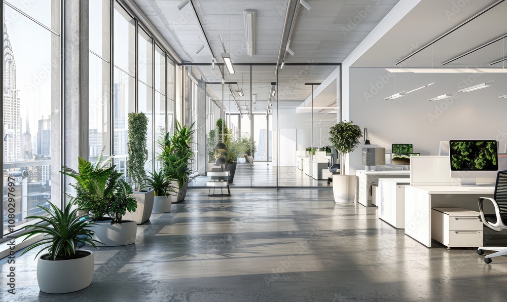 Modern Office Space with City View and Greenery Modern Office Space with City View and Greenery