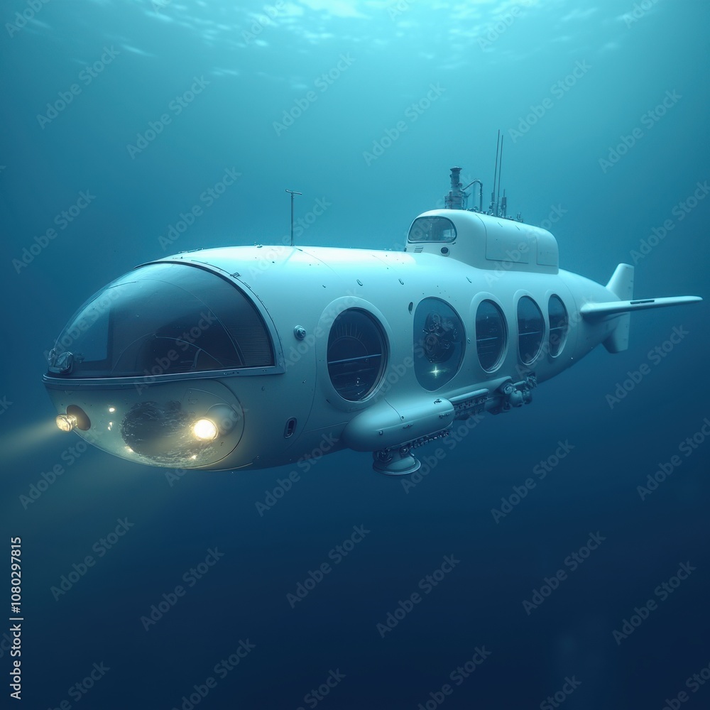Fototapeta premium Sleek Transparent Submarine with Circular Windows Underwater