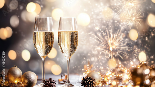 Two champagne glasses with sparkling bubbles, festive decor, and a glowing background of fireworks. Perfect for celebration, holiday, or New Year's Eve themes