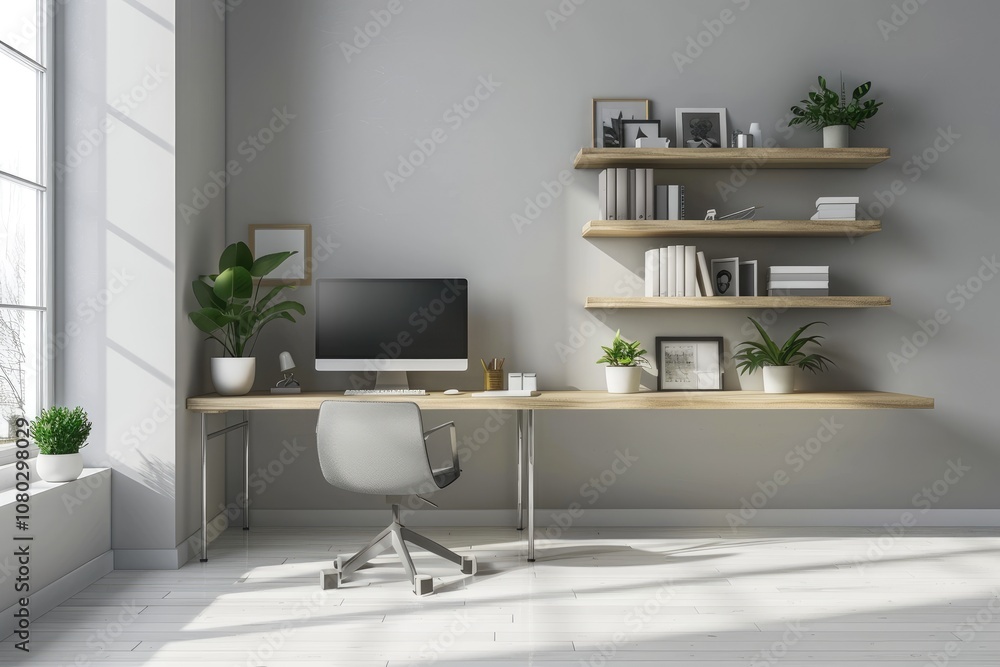 Minimalist Home Office with a Desk and Shelves Minimalist Home Office with a Desk and Shelves