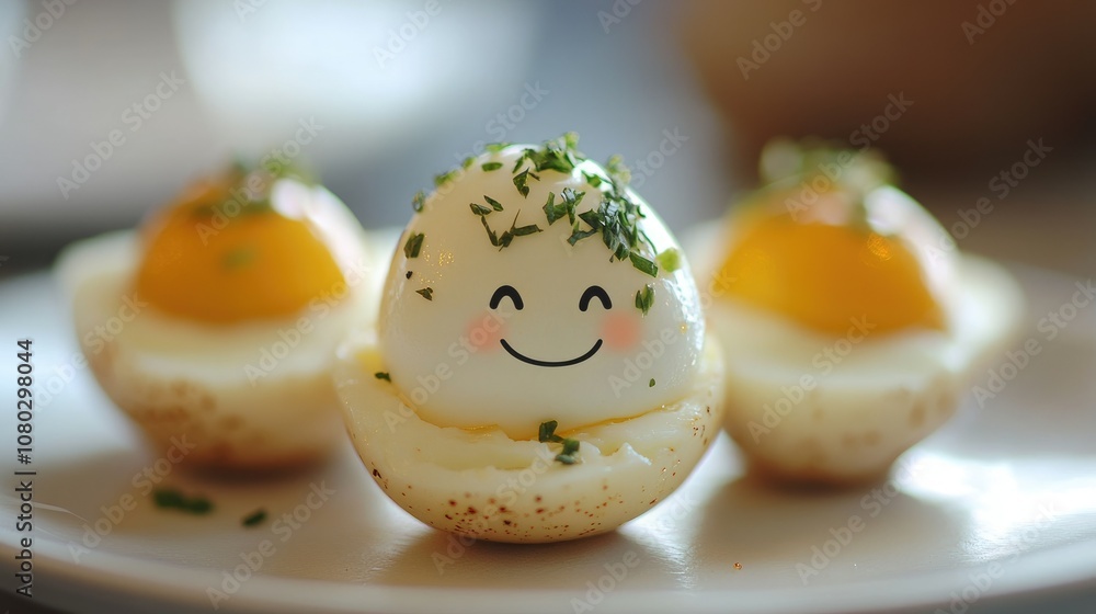 Three deviled eggs with a smiling face drawn on one, garnished with parsley. Three deviled eggs with a smiling face drawn on one, garnished with parsley.