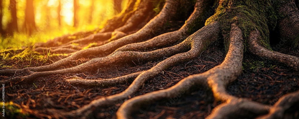 Tree roots emerging from earth, illuminated by soft golden sunlight. Tree roots emerging from earth, illuminated by soft golden sunlight.