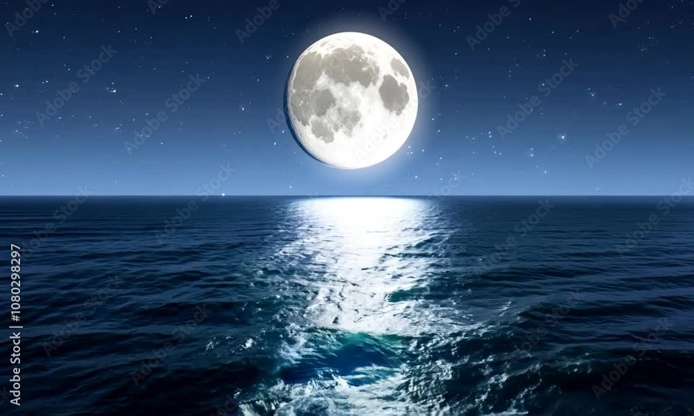 Full moon reflecting on the calm ocean at night. Full moon reflecting on the calm ocean at night.