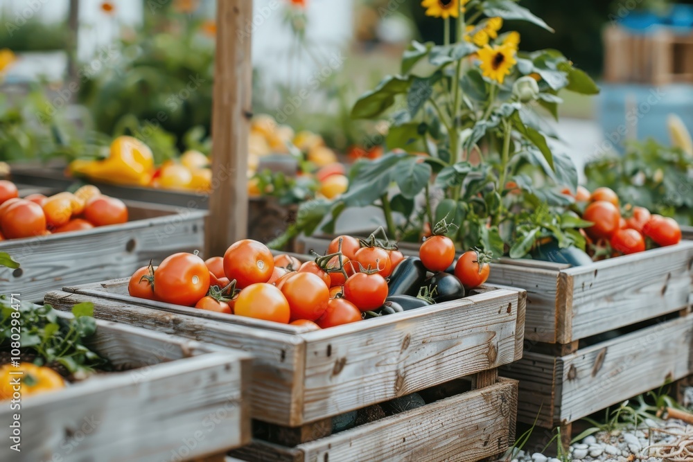 A wooden crate full of tomatoes and cucumbers A wooden crate full of tomatoes and cucumbers
