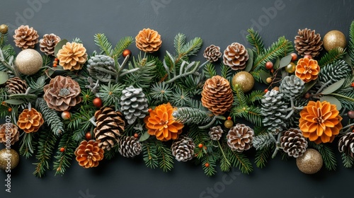 Christmas border. Pine branches, golden, orange ornaments, pine cones on black background.