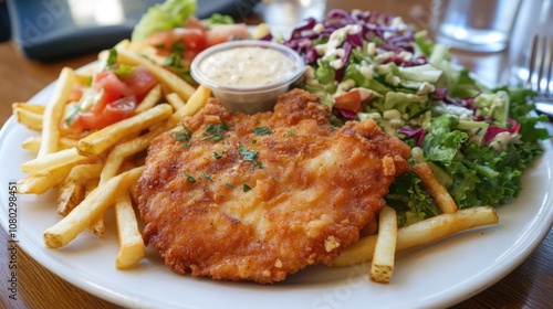 A delicious meal featuring crispy french fries and fresh greens on a clean white plate, perfect for a quick lunch or snack