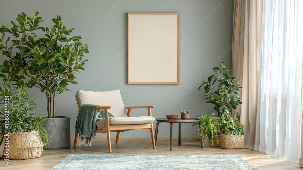 Advertising layout, blank poster. A cozy living space featuring a modern armchair, potted plants, and a neutral wall in soft natural light Advertising layout, blank poster. A cozy living space featuring a modern armchair, potted plants, and a neutral wall in soft natural light