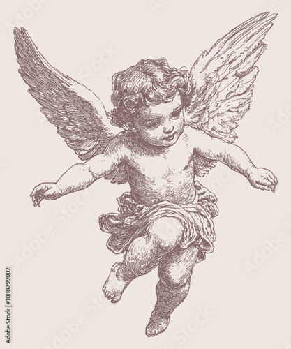 A detailed vector illustration of a cherub with wings, depicted in a classic engraving style.