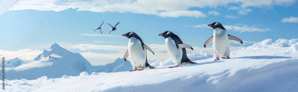 Fototapeta premium Penguins Walking on a Snowy Mountaintop