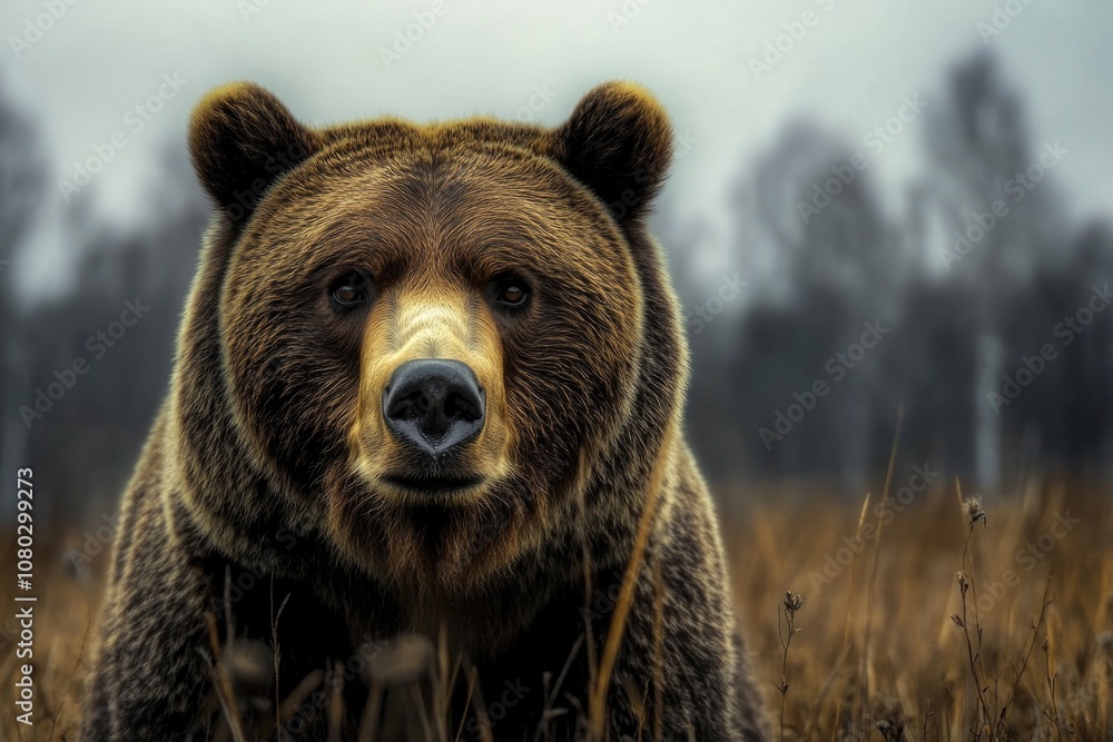 A brown bear stands in a field of tall grass, waiting or observing A brown bear stands in a field of tall grass, waiting or observing