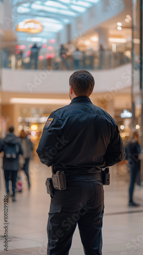 Security guard patrols a bustling shopping mall, keeping shoppers safe on a busy day