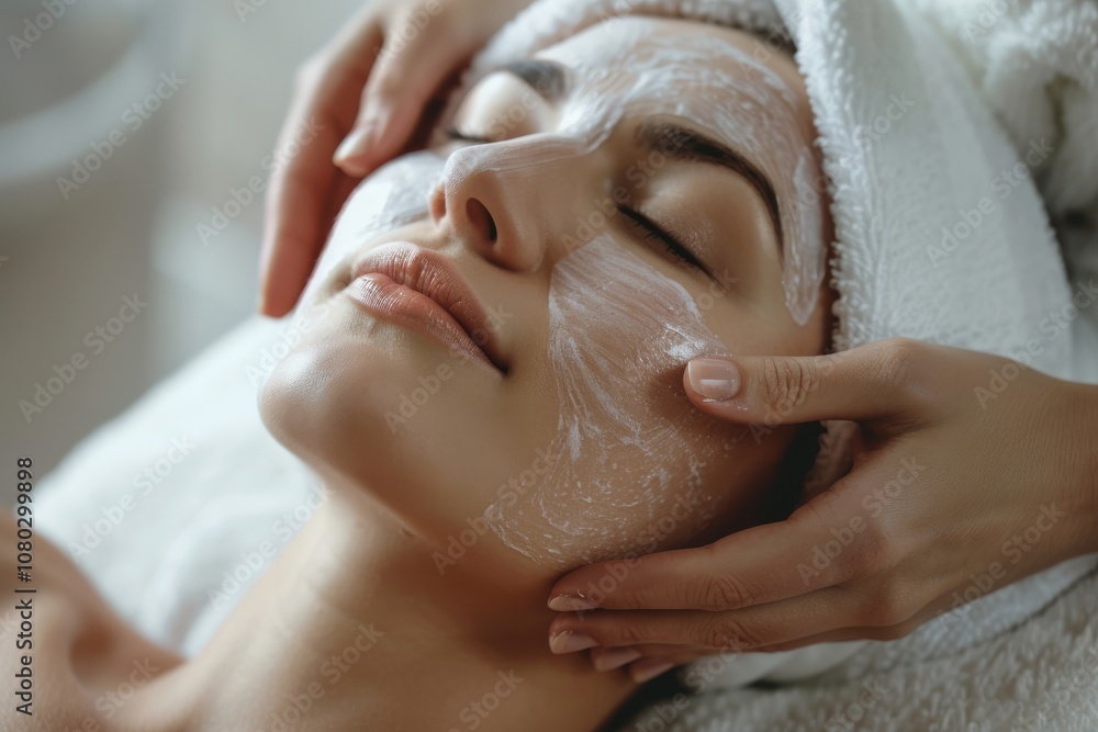 During a spa visit, a woman is peacefully undergoing a facial treatment with a beauty mask in a serene and calm environment, seeking rejuvenation and relaxation through the experience During a spa visit, a woman is peacefully undergoing a facial treatment with a beauty mask in a serene and calm environment, seeking rejuvenation and relaxation through the experience