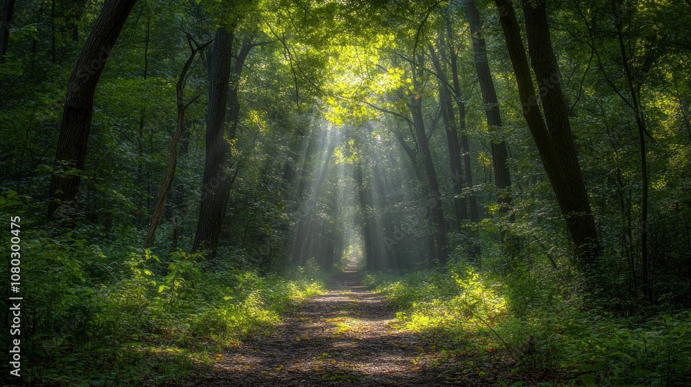 Fototapeta premium forest path leading through the trees, bathed in sunlight filtering down from above
