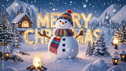 A cheerful snowman stands in a snowy winter landscape with a glowing 