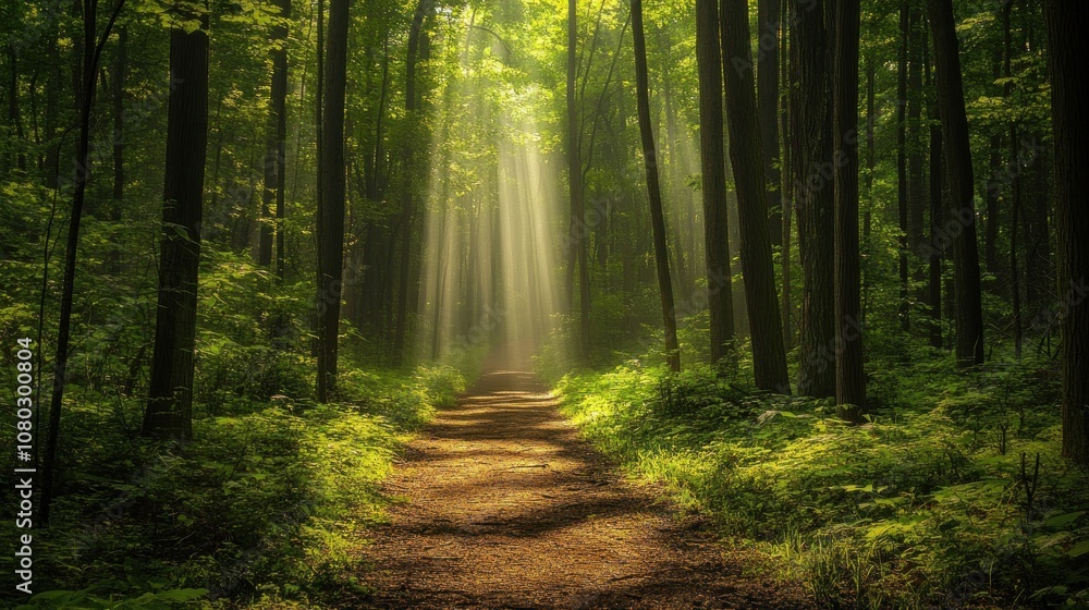 Obraz premium forest path leading through the trees, bathed in sunlight filtering down from above