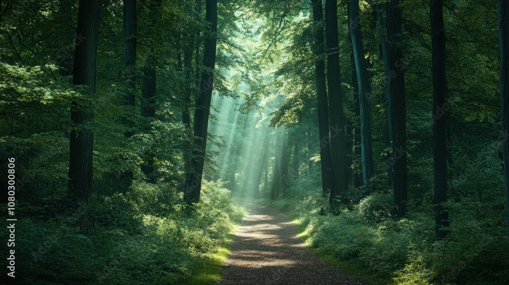 Obraz premium forest path leading through the trees, bathed in sunlight filtering down from above