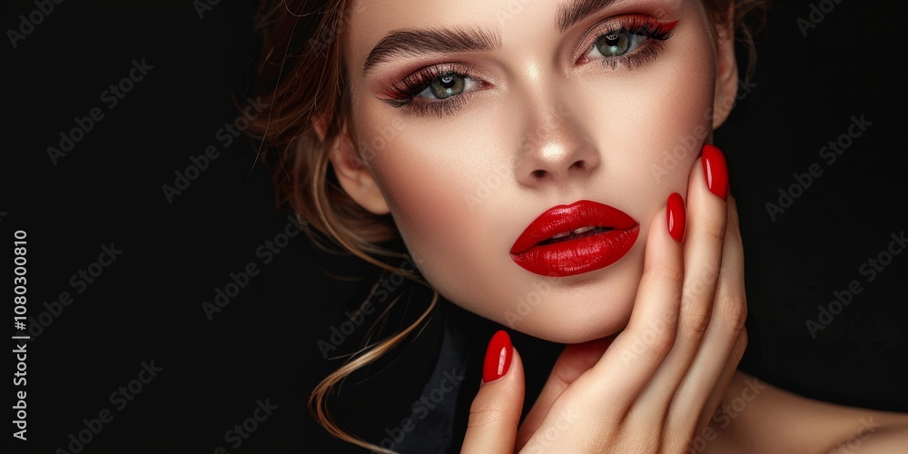 Fototapeta premium A glamorous woman with red lipstick and a stylish manicure epitomizes sophistication, elegance, and allure. Her chic and trendy appearance exudes confidence and beauty, blending luxury and glamour