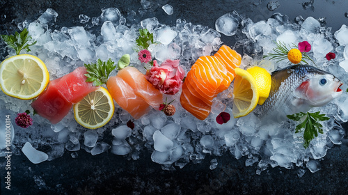 A selection of fresh sashimi served on a bed of crushed ice with lemon slices and wasabi, highlighting the vibrant colors of the fish photo