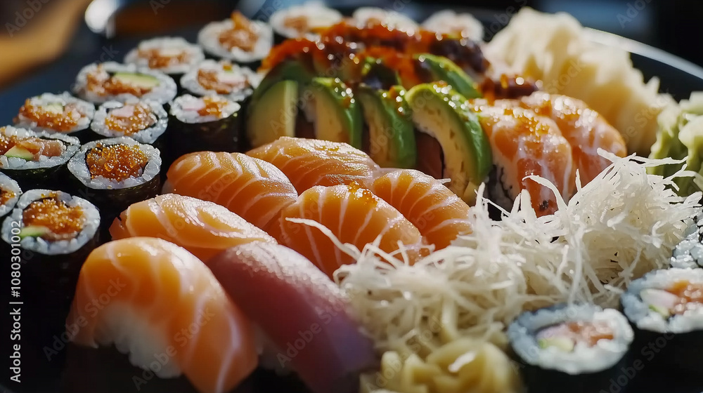 A sushi platter arranged with precision, featuring unagi nigiri, salmon sashimi, and avocado maki, garnished with shredded daikon A sushi platter arranged with precision, featuring unagi nigiri, salmon sashimi, and avocado maki, garnished with shredded daikon