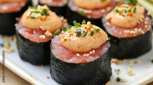 A close-up of a spicy tuna roll topped with a dollop of sriracha mayo and crunchy tempura flakes for added texture