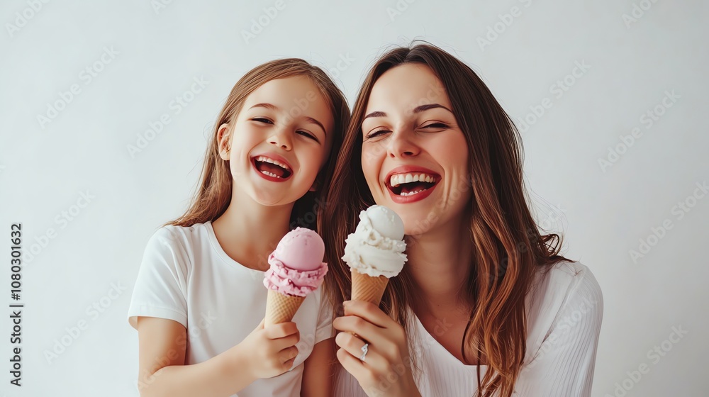 A mother and daughter are laughing together while eating ice cream cones. A mother and daughter are laughing together while eating ice cream cones.