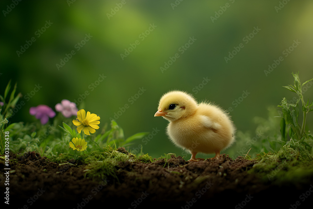 A tiny chick pecking at the ground, surrounded by colorful wildflowers, showcasing its adorable size. A chick exploring its environment.
A tiny chick pecking at the ground, surrounded by colorful wildflowers, showcasing its adorable size. A chick exploring its environment.